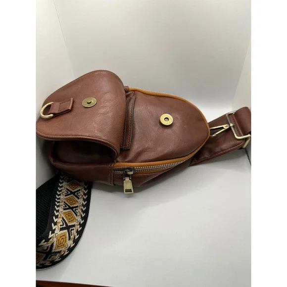 Faux Leather Brown Sling Bag Aztec Strap Crossbody‎ Backpack Purse Women - Picture 3 of 7
